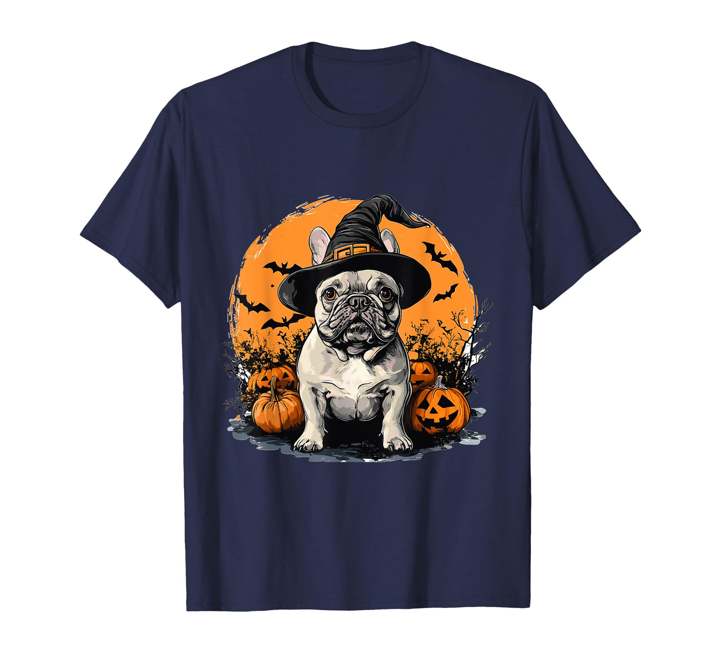 French Bulldog Frenchie Dog Whitch Hat Halloween Pumpkin T-Shirt for Men Women Kids