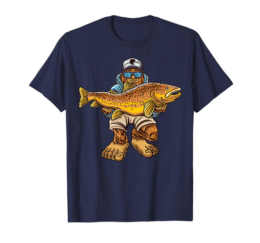 Brown Trout River Fishing Bigfoot Hunting Fishermen T-Shirt