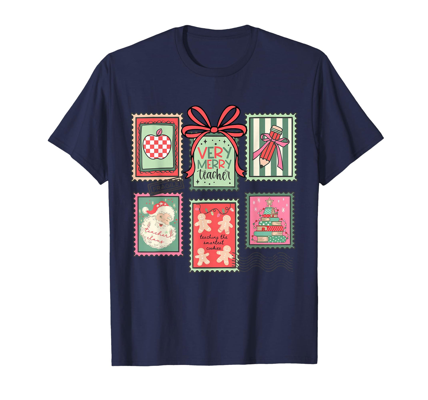 Vintage Preppy Very Merry Teacher Santa Stamps Christmas T-Shirt