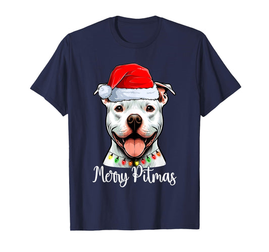 Pit Bull Santa Christmas Tree Lights Xmas Merry Pitmas T-Shirt