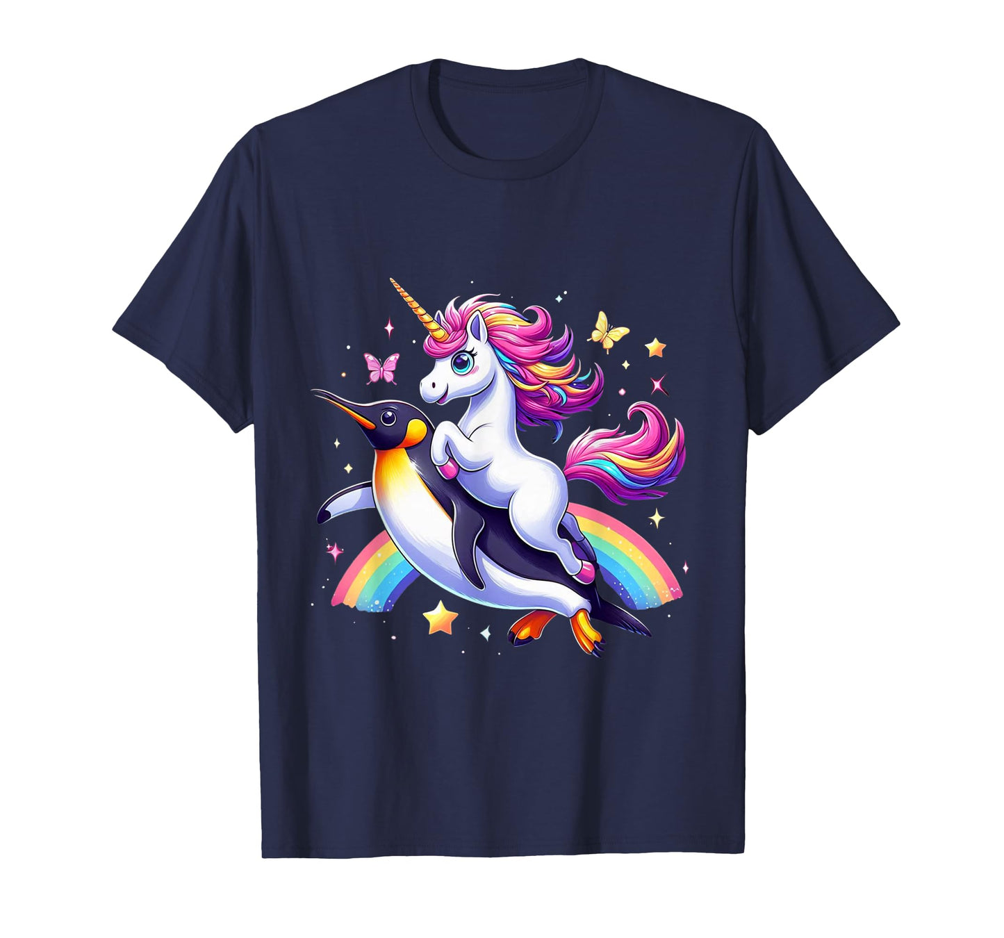 Unicorn Riding Penguin Boys Girls Men Women Kids Rainbow T-Shirt