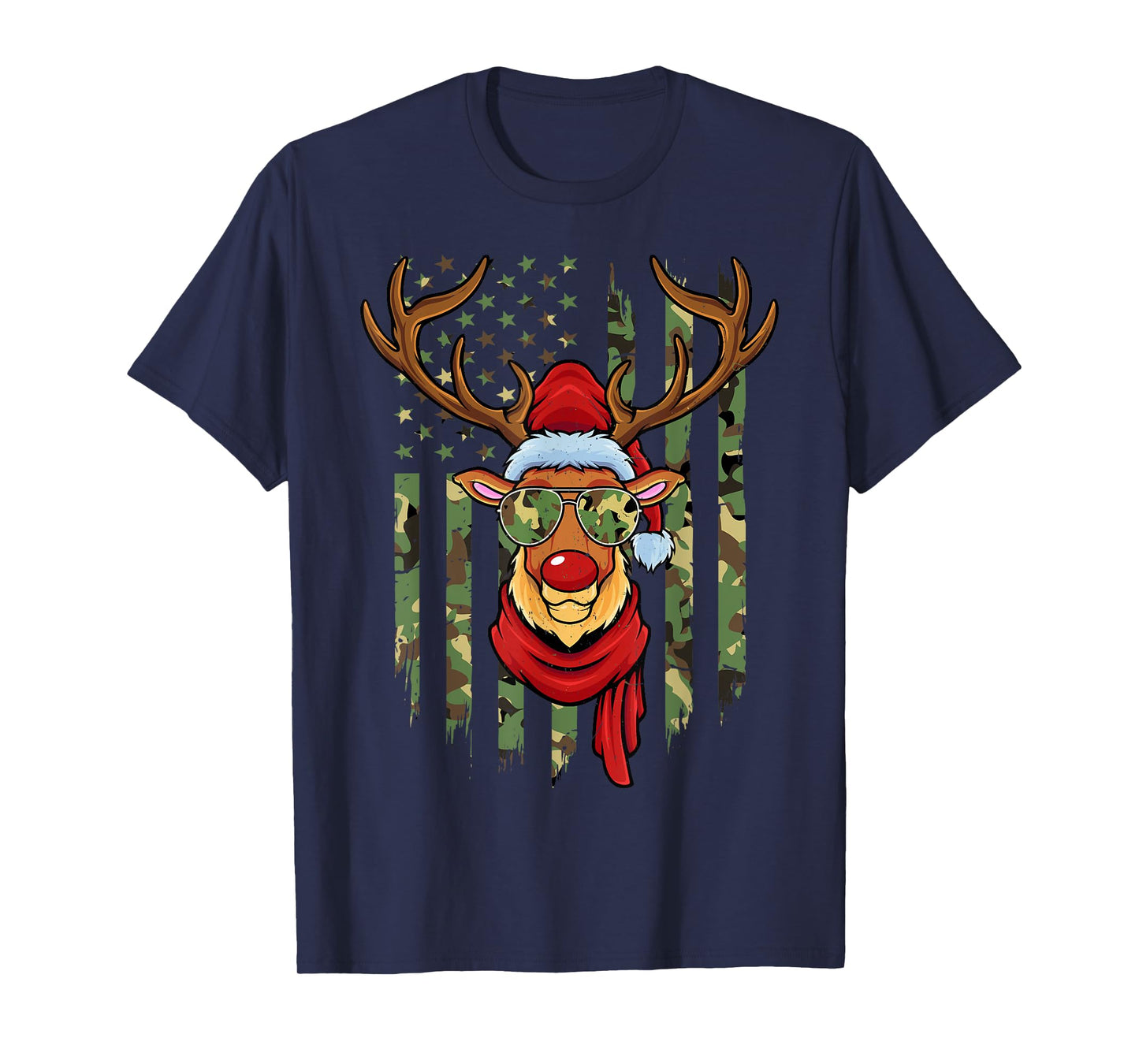 Patriotic Reindeer Camo American Flag Veteran Christmas T-Shirt