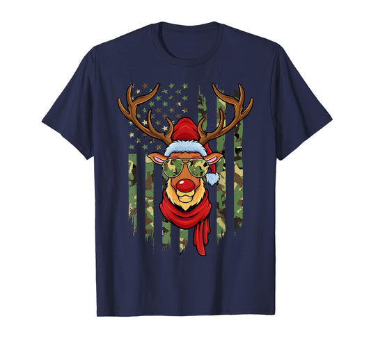 Patriotic Reindeer Camo American Flag Veteran Christmas T-Shirt