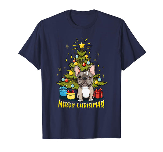 Funny French Bulldog With Christmas Tree - Merry Christmas T-Shirt