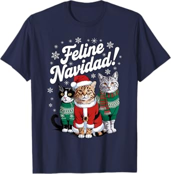 Feline Navidad Funny Cat Christmas Holiday Xmas Santa Hat T-Shirt for Men Women Kids