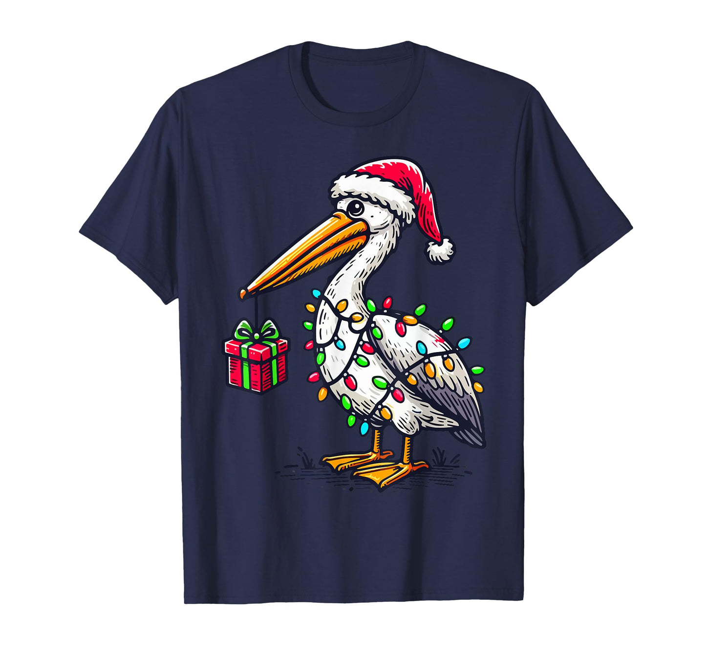 Pelican Bird Wearing Santa Hat, Holding A Present Box Xmas T-Shirt