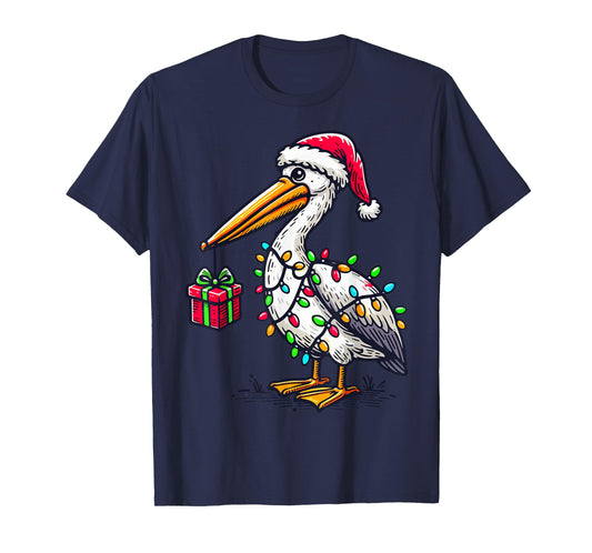 Pelican Bird Wearing Santa Hat, Holding A Present Box Xmas T-Shirt