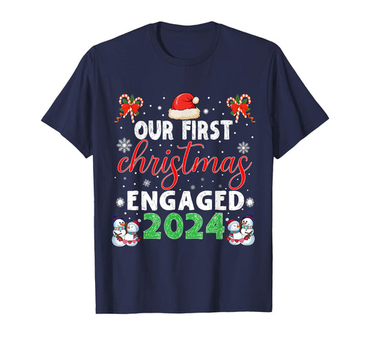 Christmas Couple tees Our First Christmas Engaged 2024 Funny Couple Xmas Pajamas T-Shirt