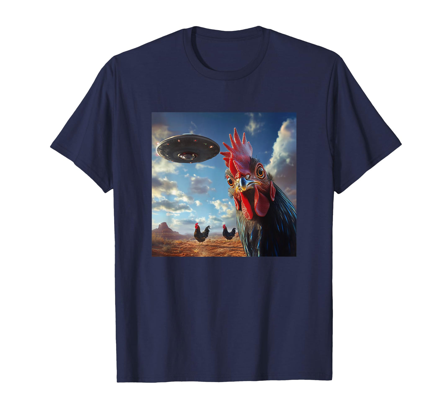 Chicken Hum Selfie with UFOs Weird Print Graphic Space Funny T-Shirt