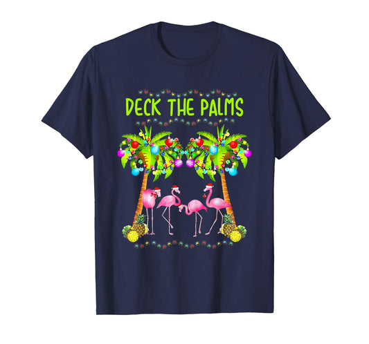 Deck The Palms Merry Flamingo Christmas Palm Tree Funny Xmas T-Shirt