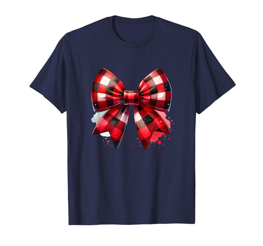 Coquette Bow Christmas Red Buffalo Plaid Xmas Womens T-Shirt