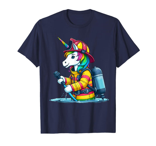 Unicorn Firefighter Fireman Birthday Party Funny Girl Love T-Shirt