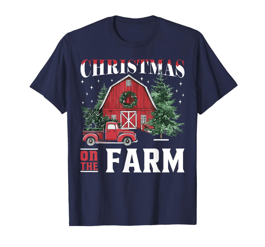 Christmas On The Farm Xmas Barn Truck Gift Cute Unisex Winter Classic Fit Black Solid Crew Neck Short Sleeve T-Shirt