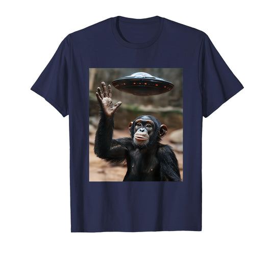 Chimpanzee Monkey Selfie with UFOs Aliens Funny Graphic T-Shirt