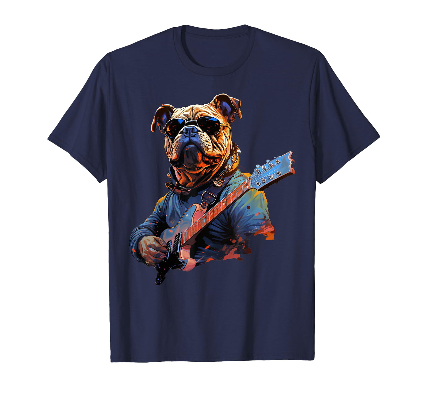 Funny Rock English Bulldog Playing Guitar T-Shirt