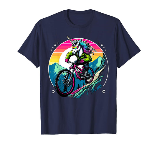 Unicorn Mountain Bike Adventure Fantasy Colorful Sunset T-Shirt