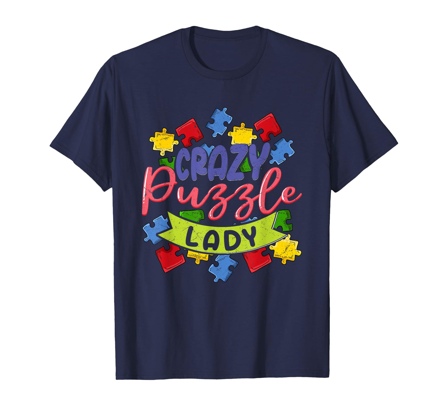 Crazy Puzzle Lady Jigsaw Puzzle Piece T-Shirt, Small, Black