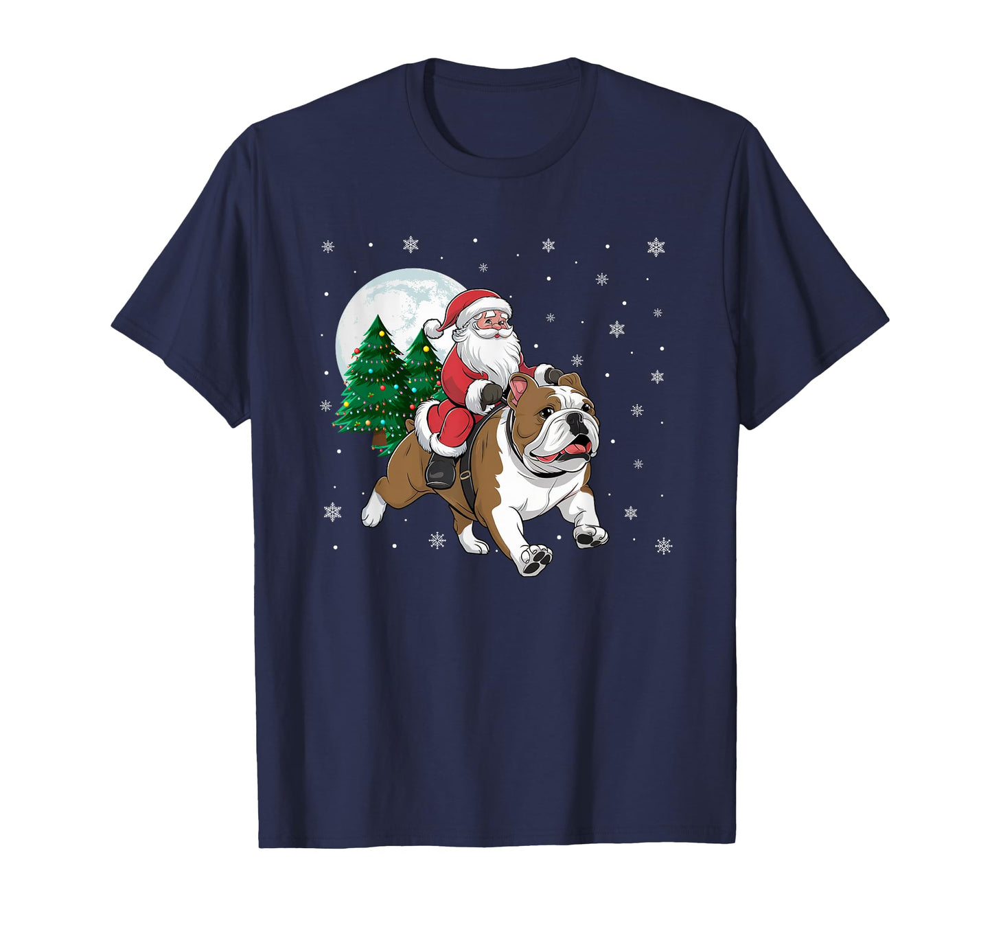 Santa Claus Riding English Bulldog Christmas Tree Lights T-Shirt for Men Women Kids