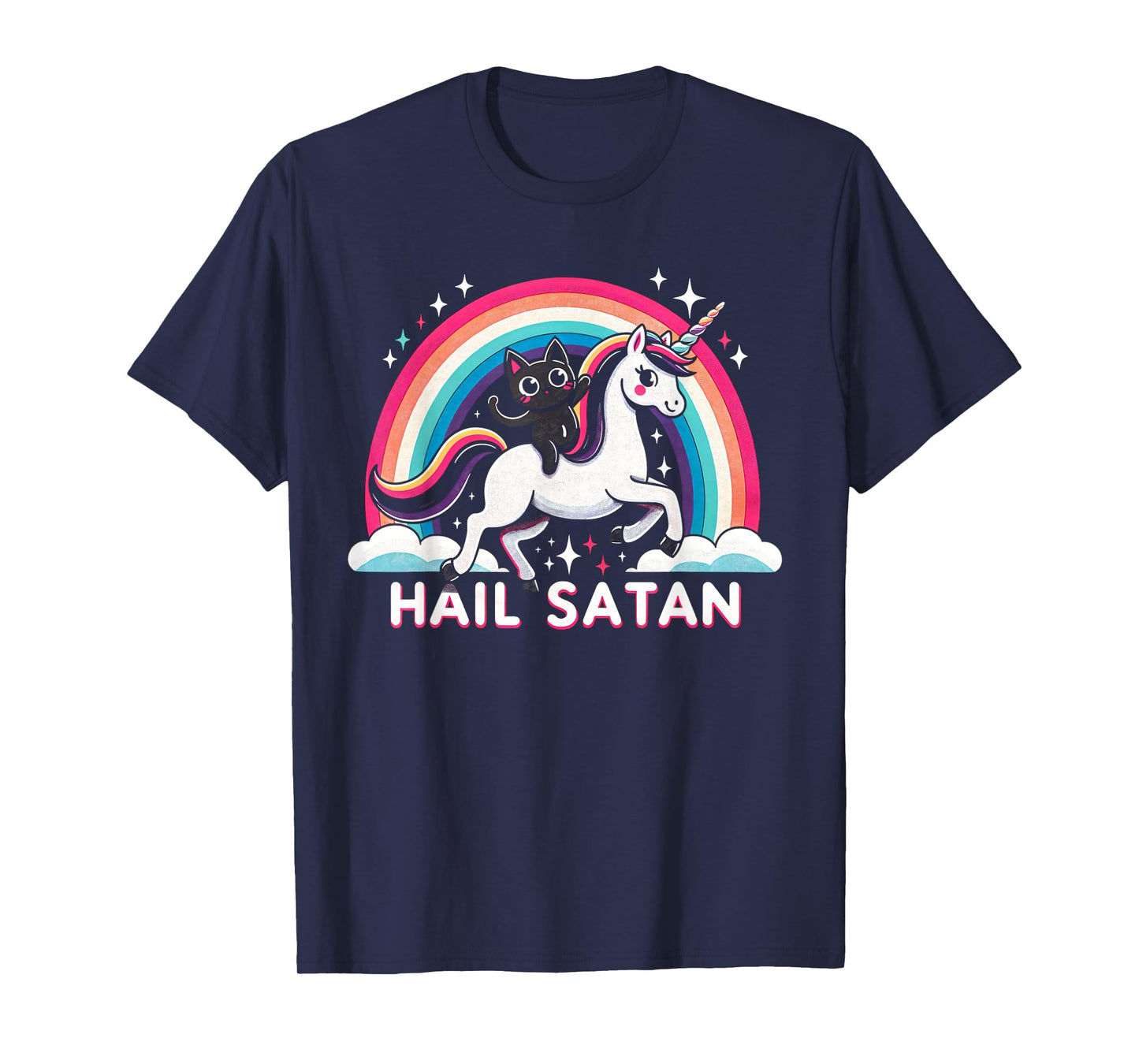 Cute Satanic Cat Riding A Unicorn Over A Rainbow Hail Satan Men Women Kids T-Shirt