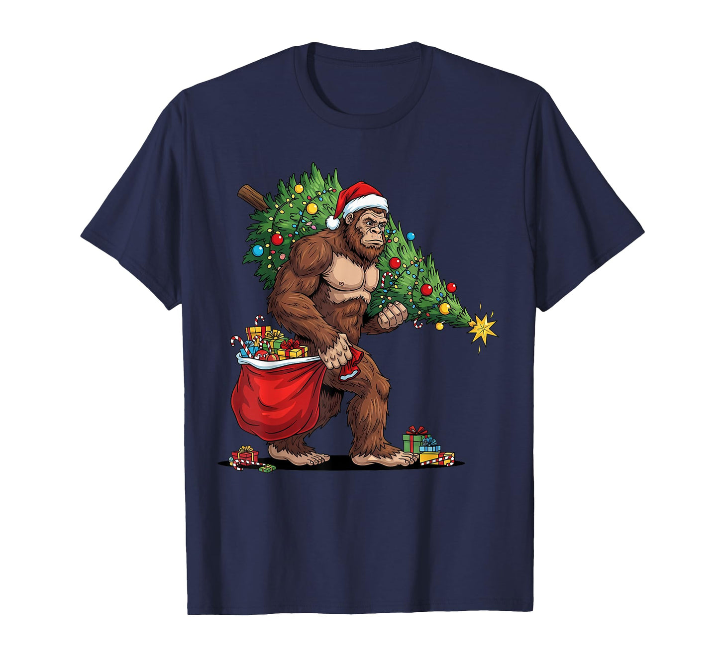 Christmas Bigfoot with Christmas Tree Lights Xmas Boys Men T-Shirt