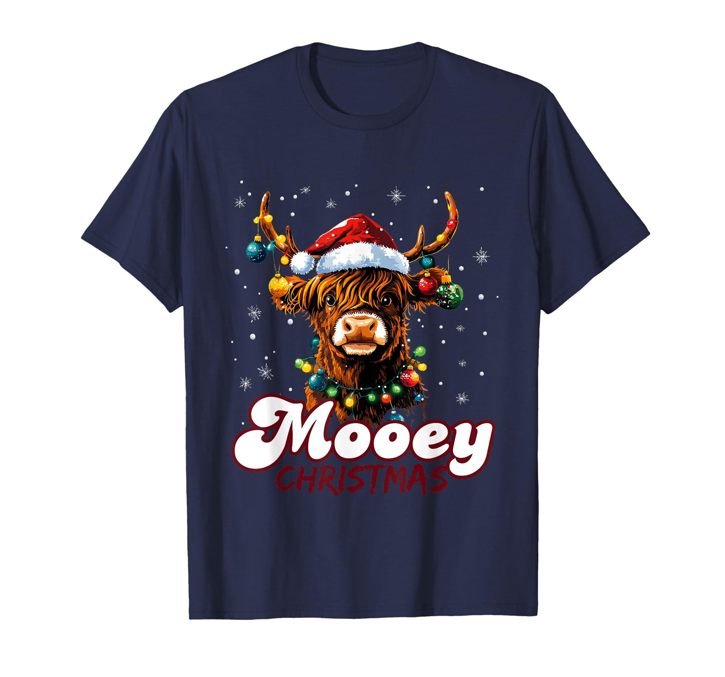 Mooey Christmas Highland Cow with Santa Hat and Xmas Lights T-Shirt