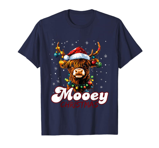 Mooey Christmas Highland Cow with Santa Hat and Xmas Lights T-Shirt