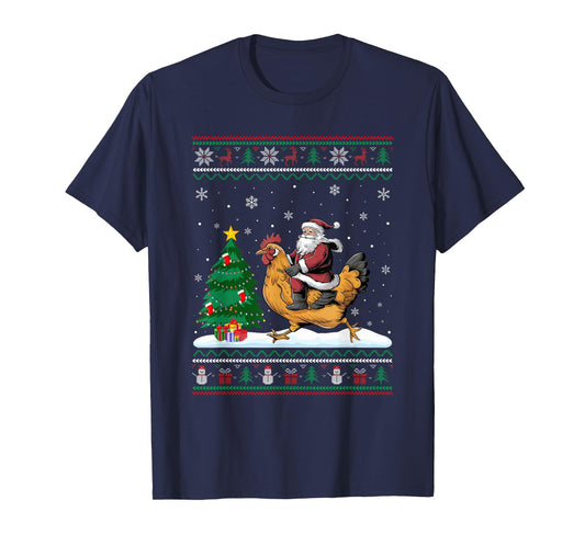 Ugly Christmas Tree Lights Xmas Santa Riding Chicken T-Shirt