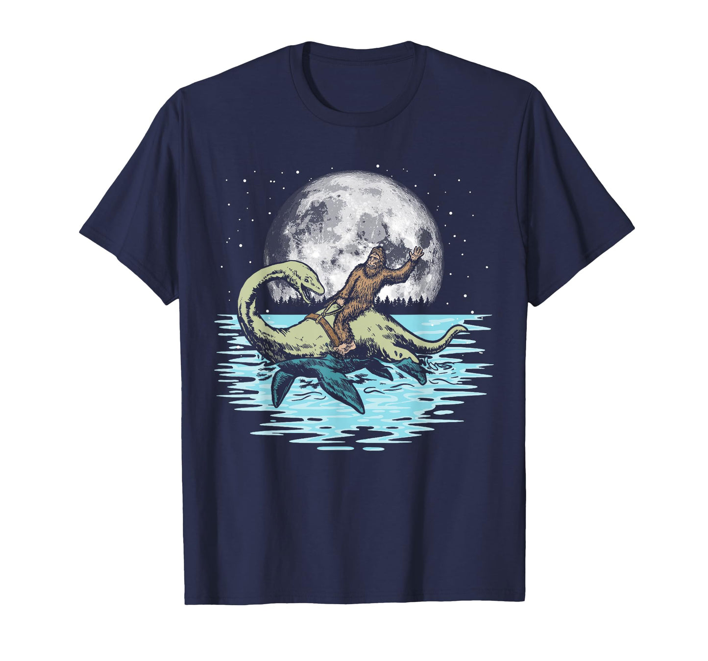 Funny Bigfoot Riding Nessie Loch Ness Monster & Full Moon T-Shirt