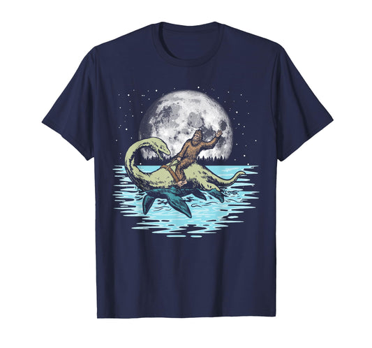 Funny Bigfoot Riding Nessie Loch Ness Monster & Full Moon T-Shirt