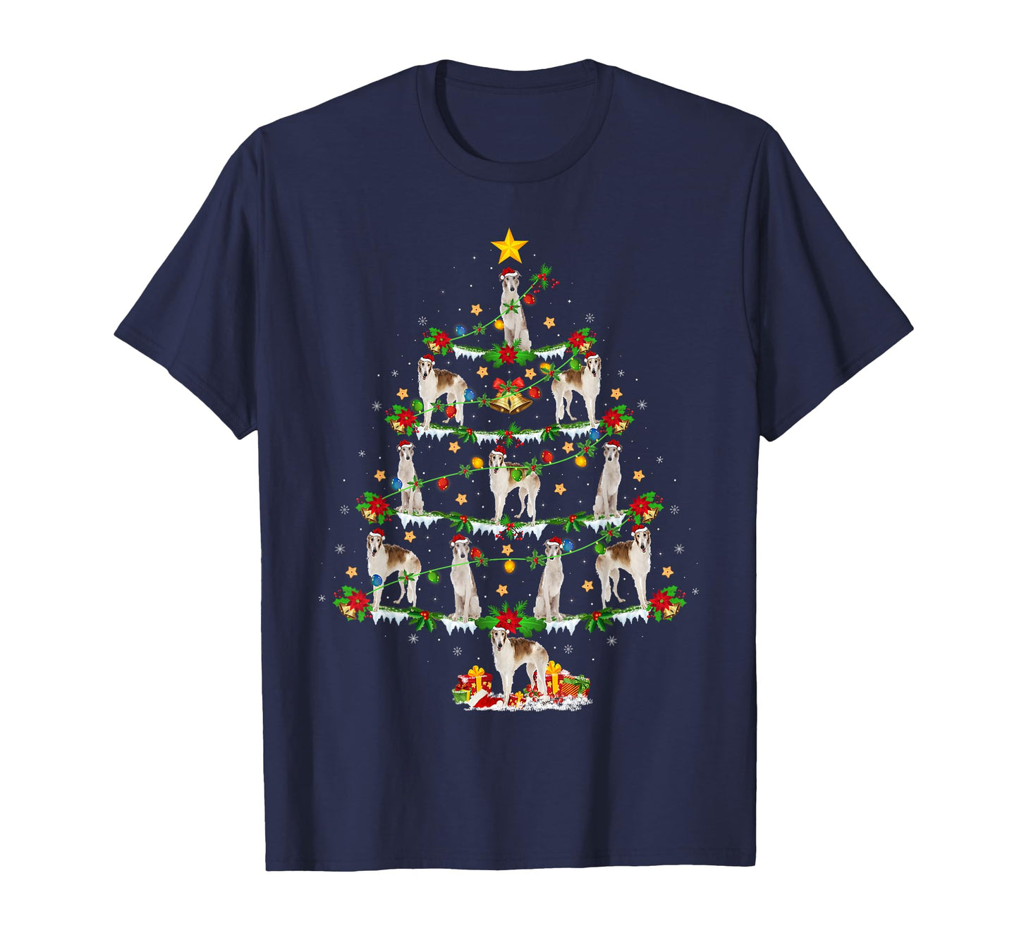 Borzoi Dog Xmas Lights Santa Borzoi Christmas Tree T-Shirt for Men Women Kids
