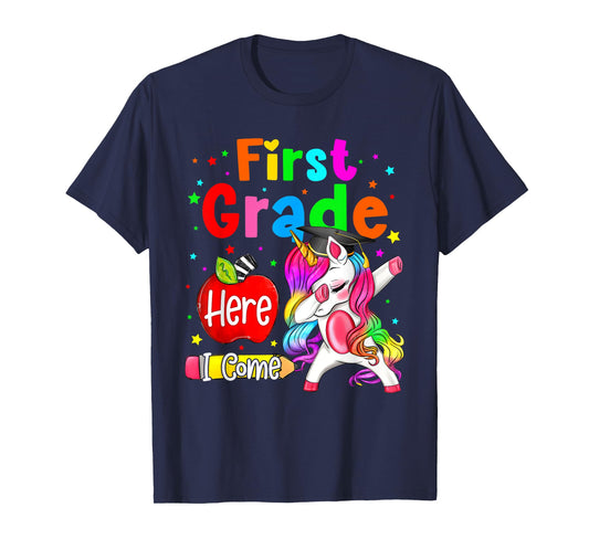 First Grade Here I Come Unicorn Girls Kids Back To School T-Shirt