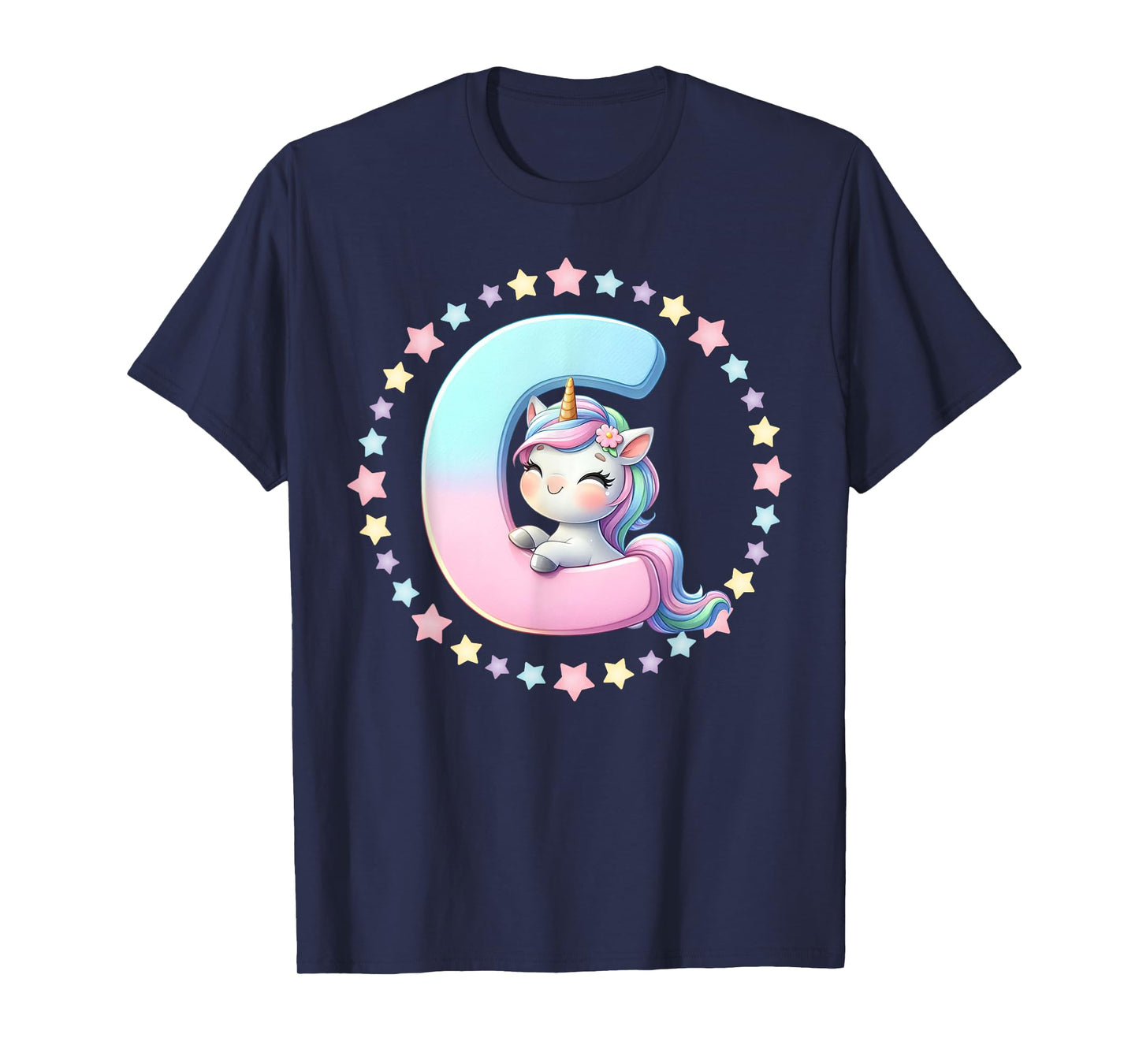 Unicorn Letter C Initial Rainbow Monogram Girls Kids T-Shirt