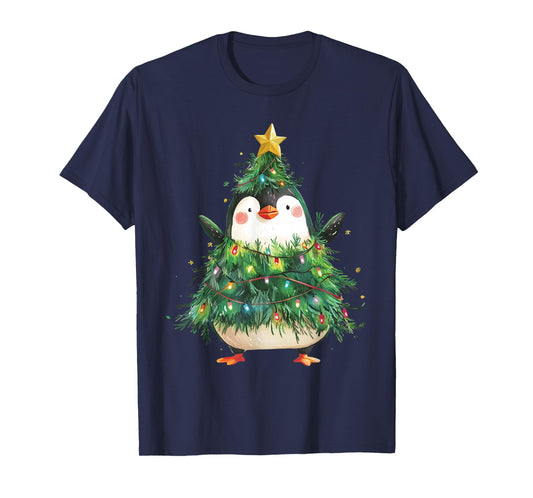 Penguin Christmas Tree Pajamas Girls Boys Xmas Lights T-Shirt