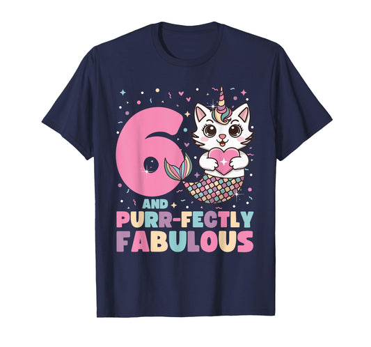 6th Birthday 6 Years Old Mermaid Unicorn Cat Girls Unicorn T-Shirt