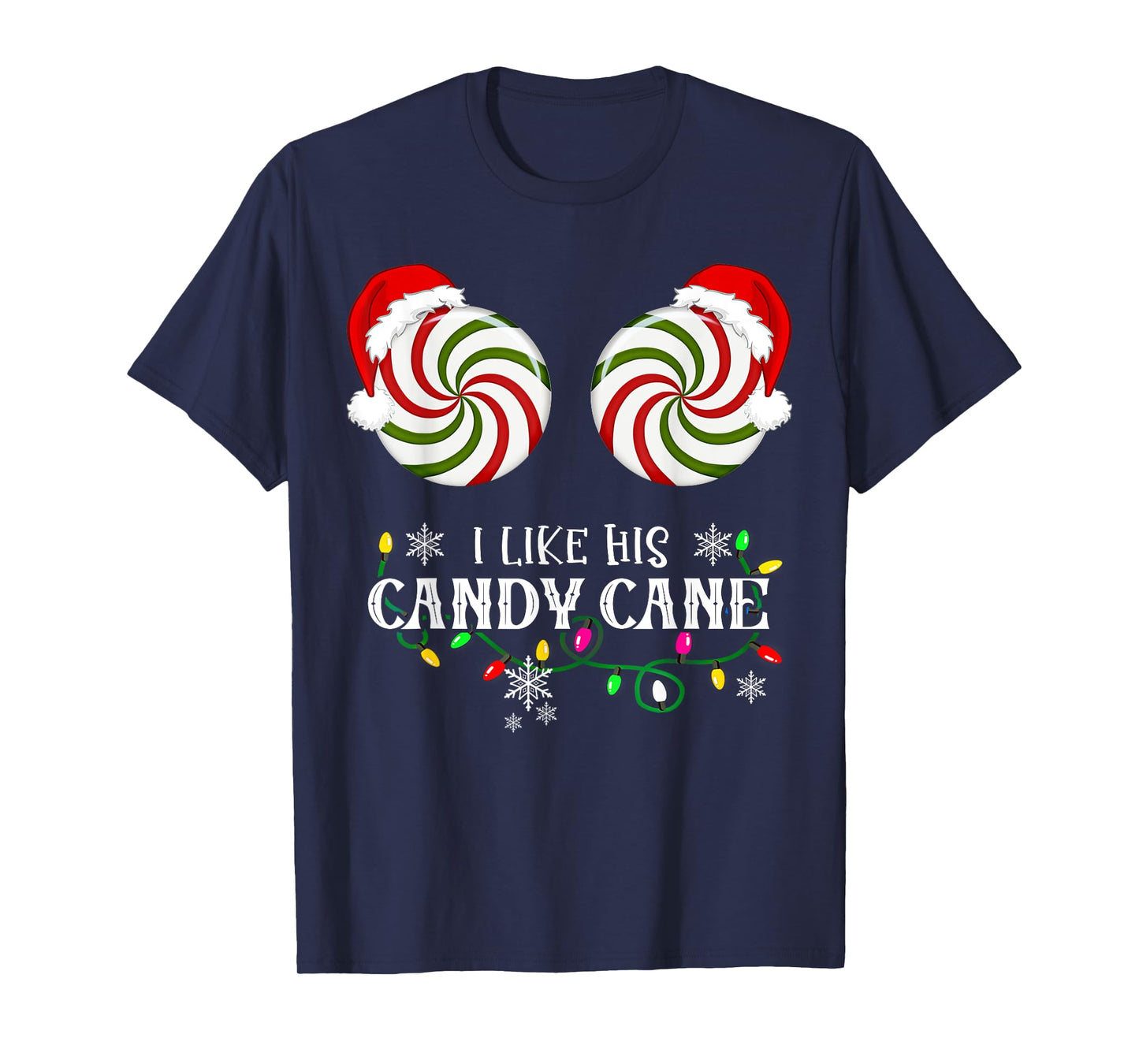 Family Christmas Happy Hallothanksmas I Like His Candy Cane I Like Her Peppermint Candies Unisex-Adults Couples Winter Black Plaid T-Shirt