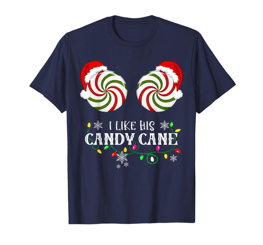 Family Christmas Happy Hallothanksmas I Like His Candy Cane I Like Her Peppermint Candies Unisex-Adults Couples Winter Black Plaid T-Shirt