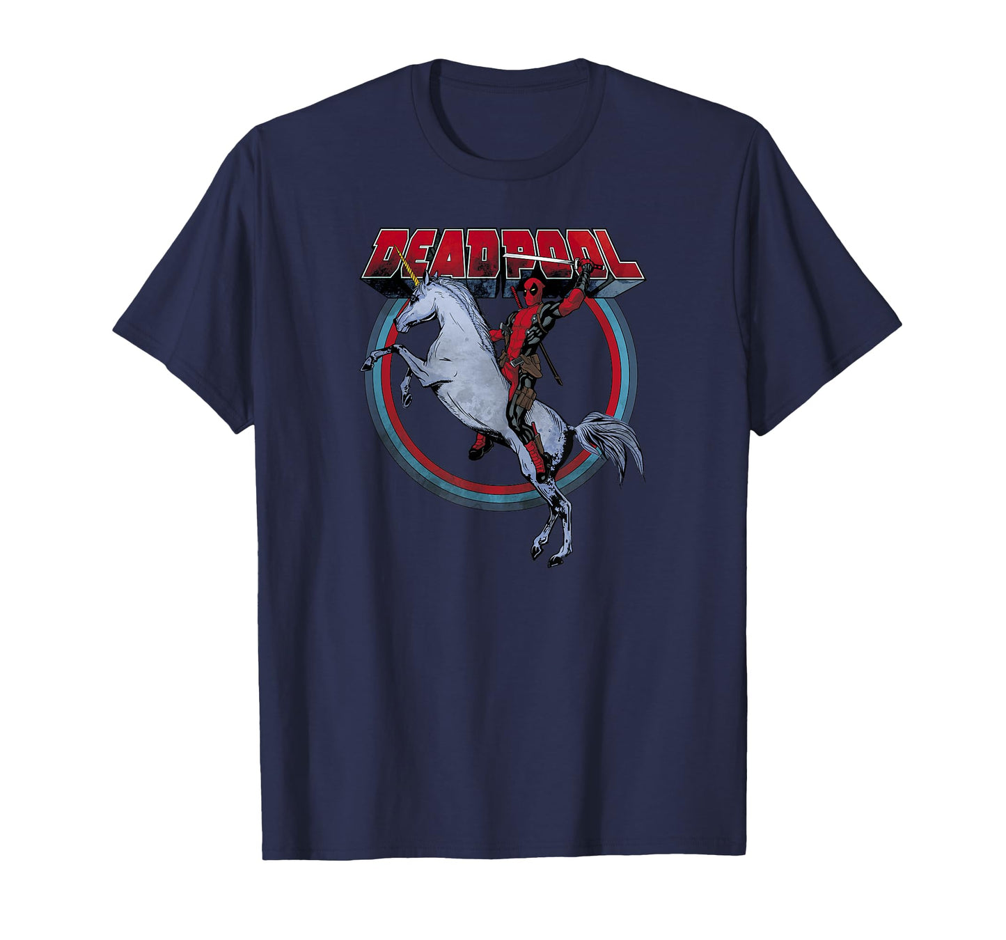 Marvel Deadpool Riding A Unicorn Circle Graphic T-Shirt C1 T-Shirt