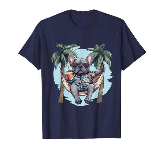 Cool Hawaiian French Bulldog Hammock Palm Trees Beach Vibes Men Women Kids T-Shirt