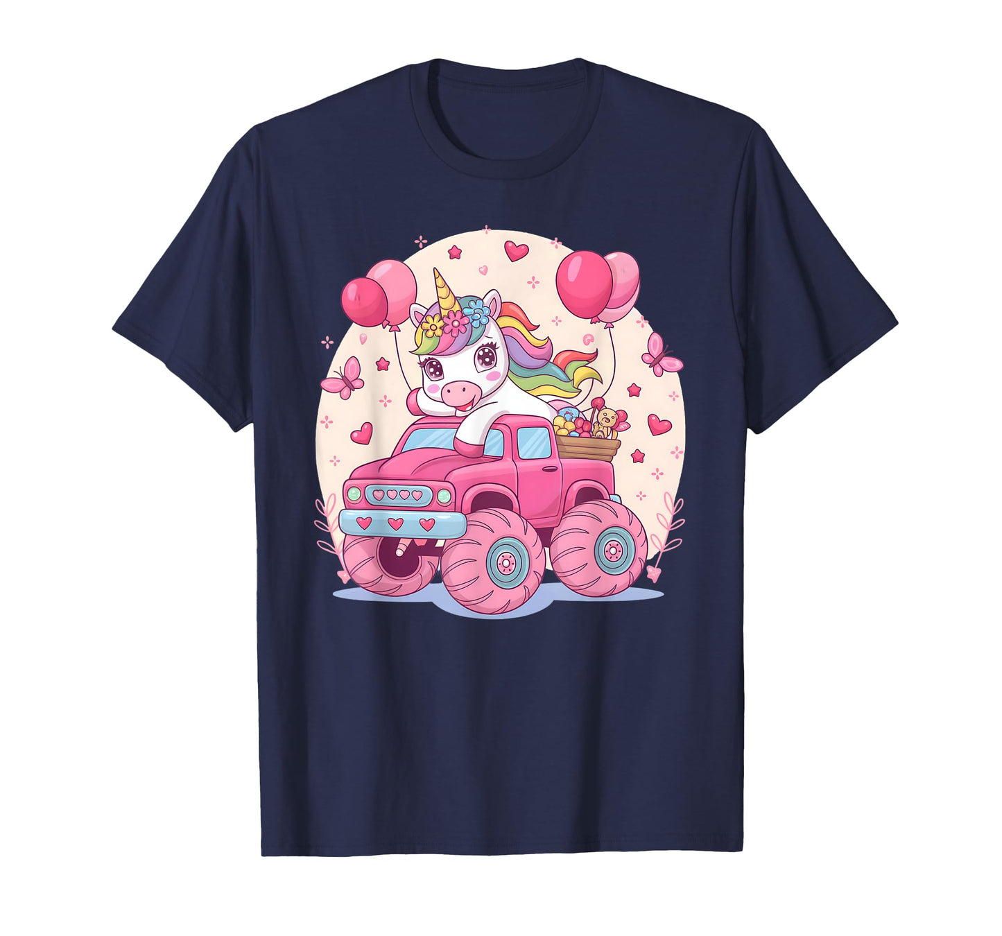 Cute Unicorn Riding A Pink Monster Truck Girl Birthday Party T-Shirt