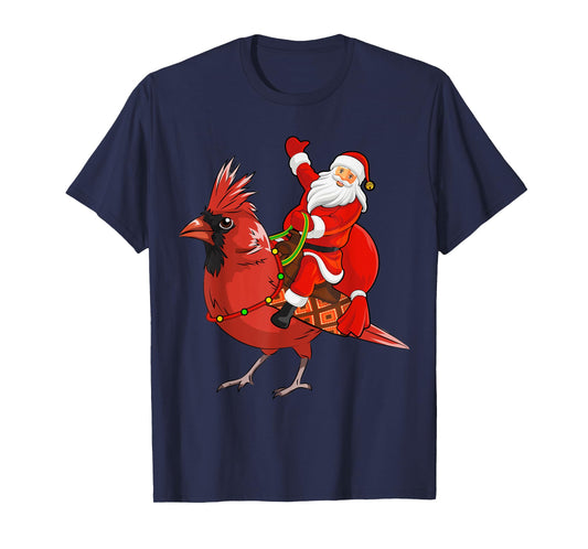 Xmas Matching Funny Santa Riding Northern Cardinal Christmas T-Shirt