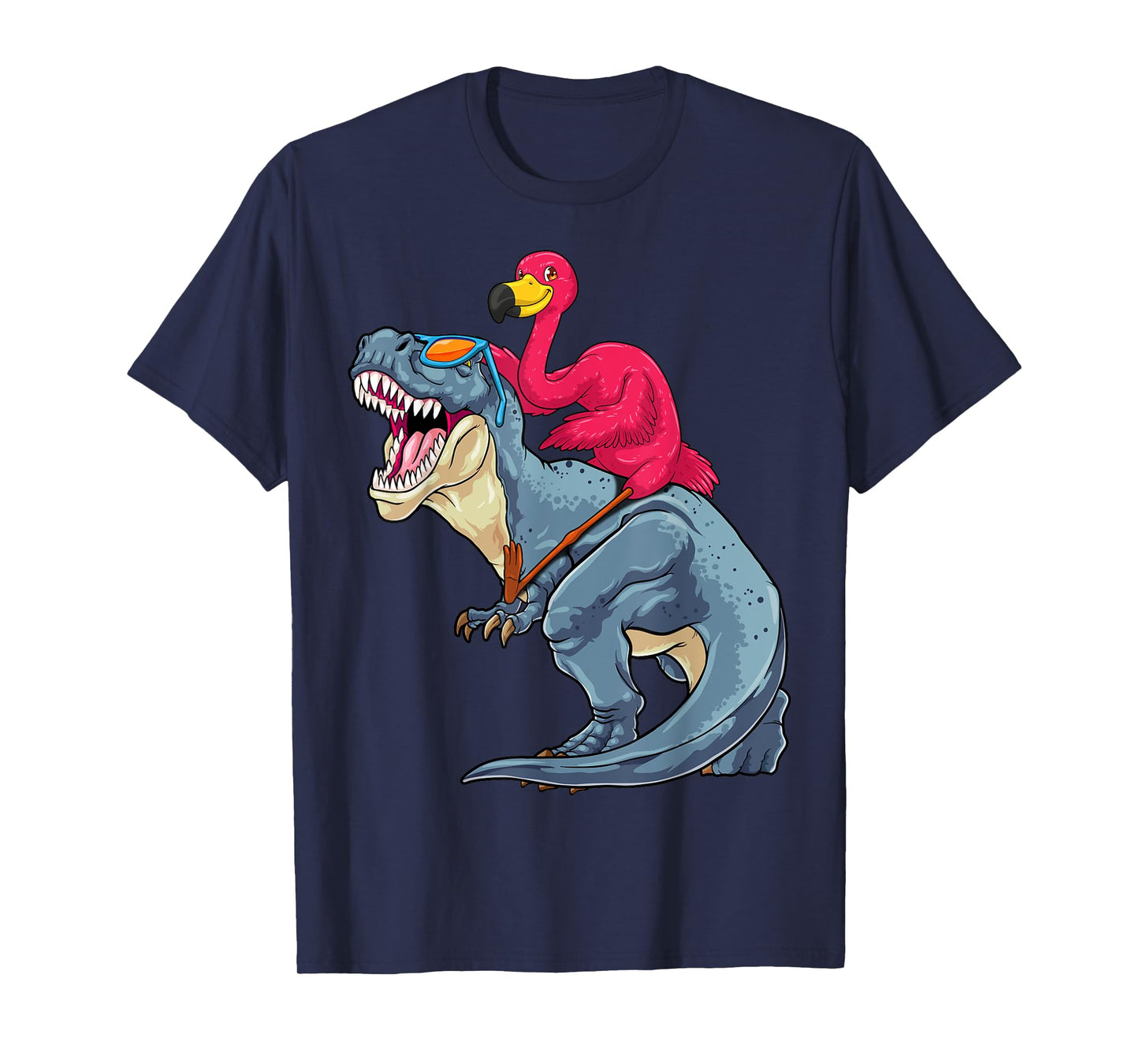 Flamingo Riding Dinosaur T-Rex Funny Flock Bird Dino Pun T-Shirt