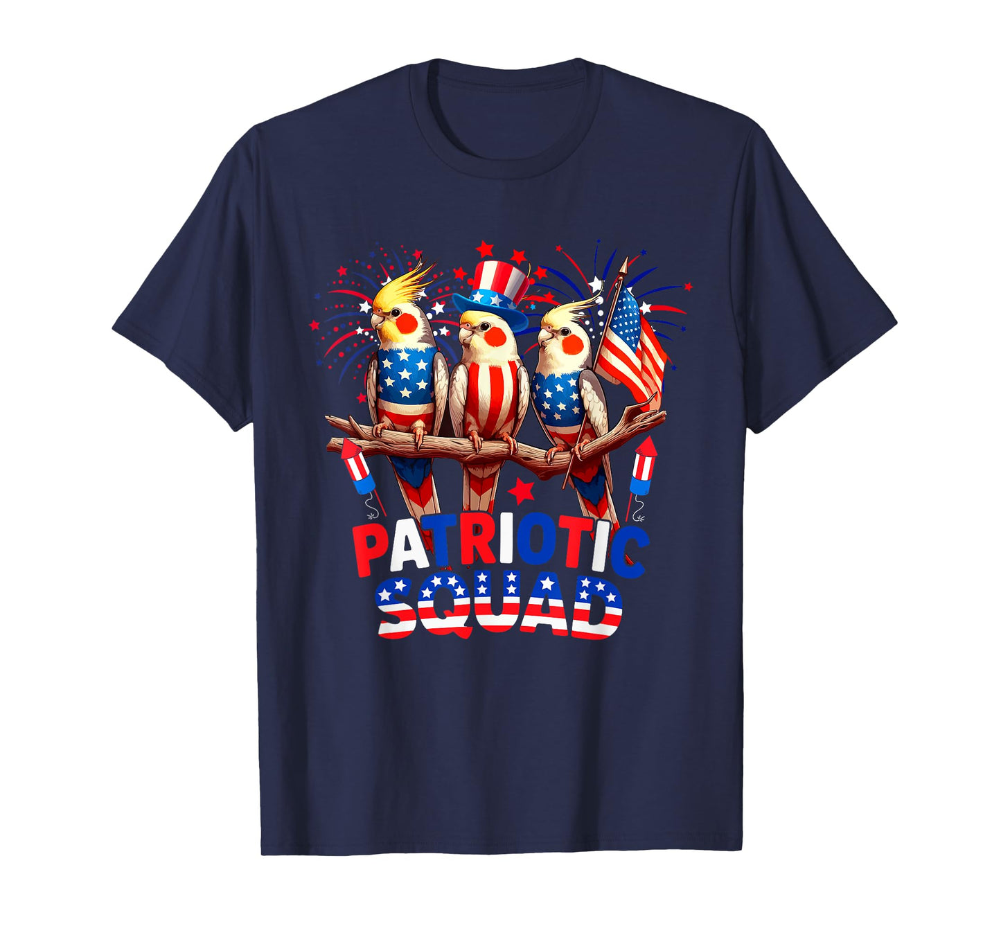 Patriotic Squad Three Cute Cockatiels 4th Of July US Flag T-Shirt