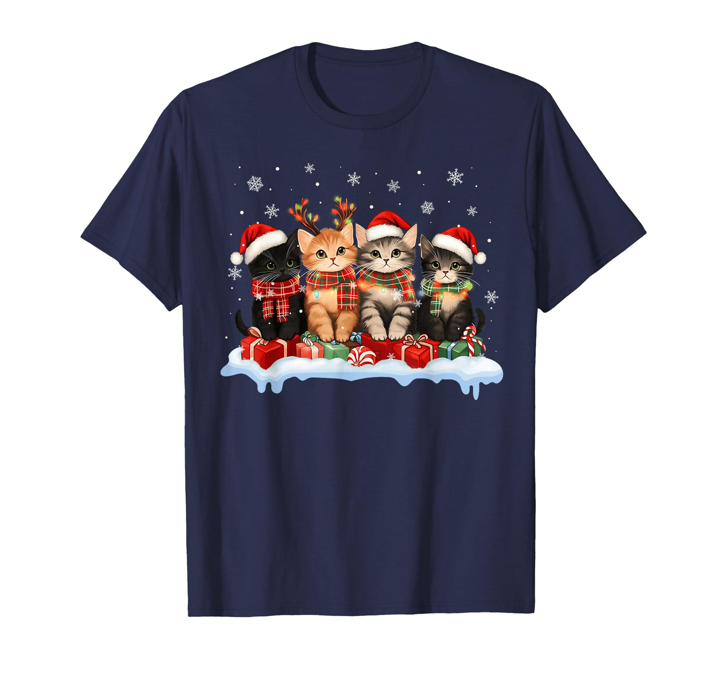 Cat Christmas Light Reindeer Santa Christmas Cat Lover Xmas T-Shirt