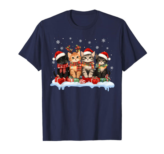 Cat Christmas Light Reindeer Santa Christmas Cat Lover Xmas T-Shirt
