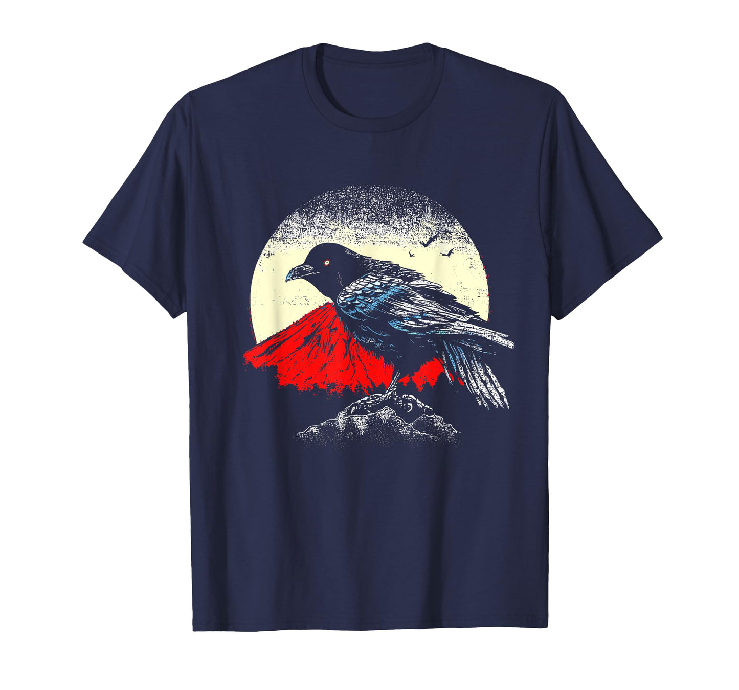 Japanese Art Black Crow Raven Red Moon - Retro Bird T-Shirt