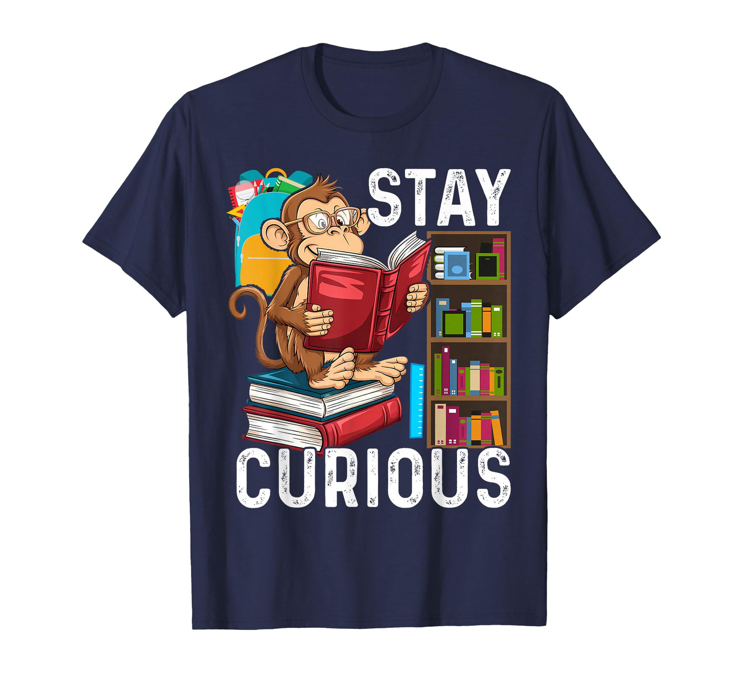 Stay Curious Monkey Reading Funny Book Lover Bookworm T-Shirt