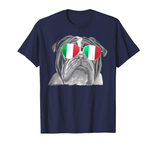 Bulldog Dog Italy Flag Sunglasses T-Shirt