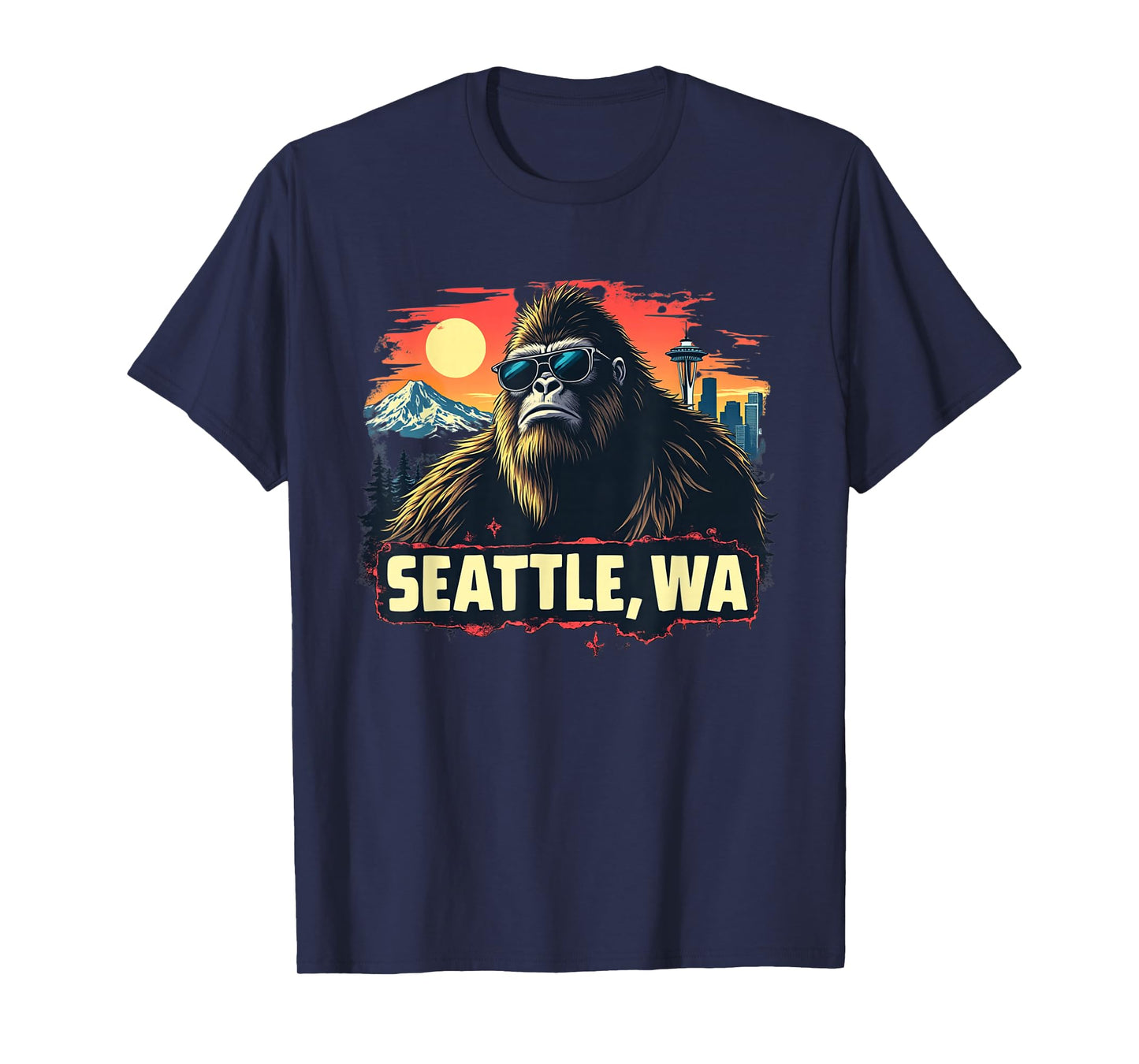 Seattle Cool Bigfoot with Downtown and Mountains T-Shirt