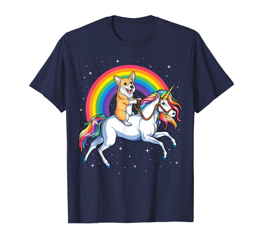 Corgi Riding Unicorn Girls Kids Rainbow Gifts Space Galaxy T-Shirt