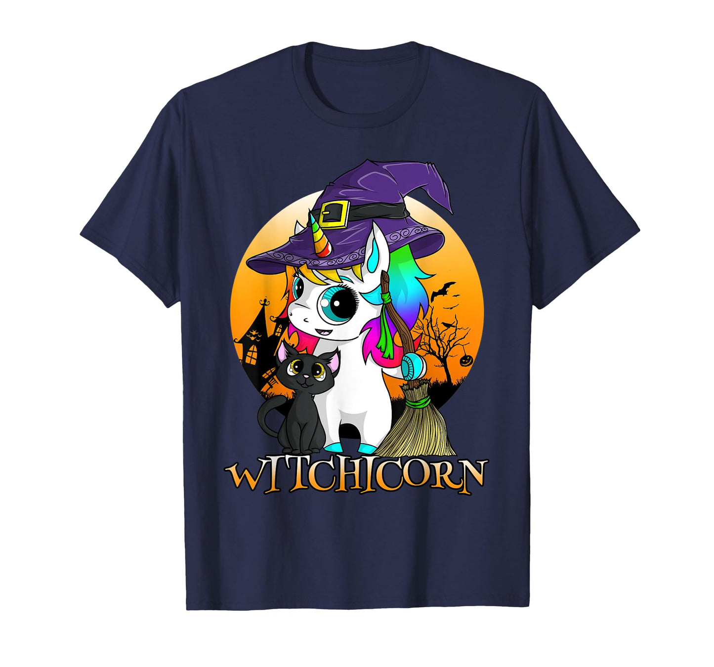 Witchicorn Unicorn Witch Halloween Black Cat Orange Moon T-Shirt